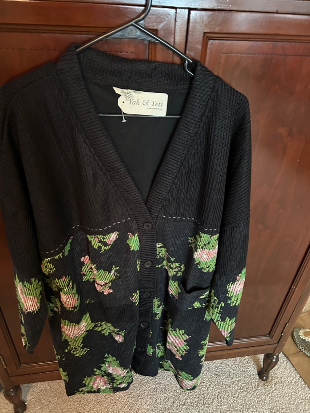 Yak and Yeti Black Floral Knit Cardigan Sweater coat